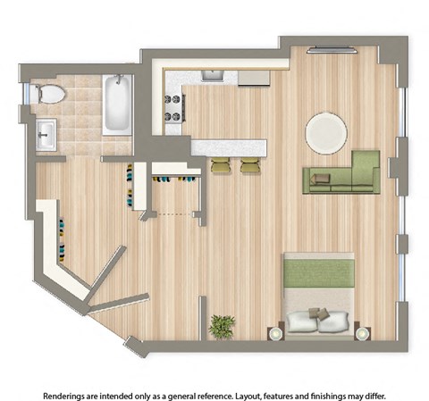 Floor plan for studio, 1 bath, 500 sqft